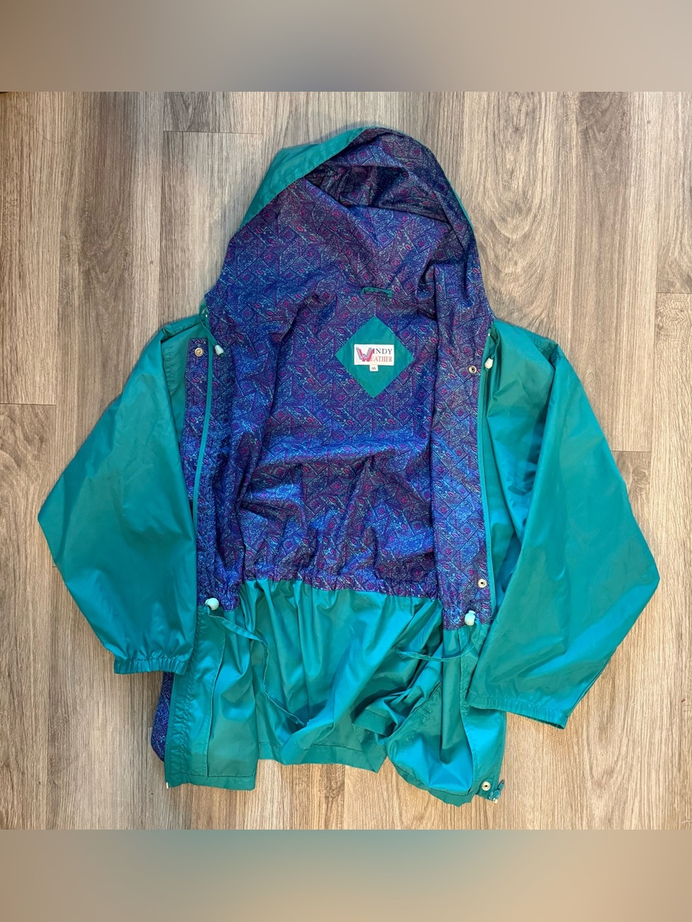 Vintage Windy Weather Teal Hooded Windbreaker Jacket Geometric Lining Womens L